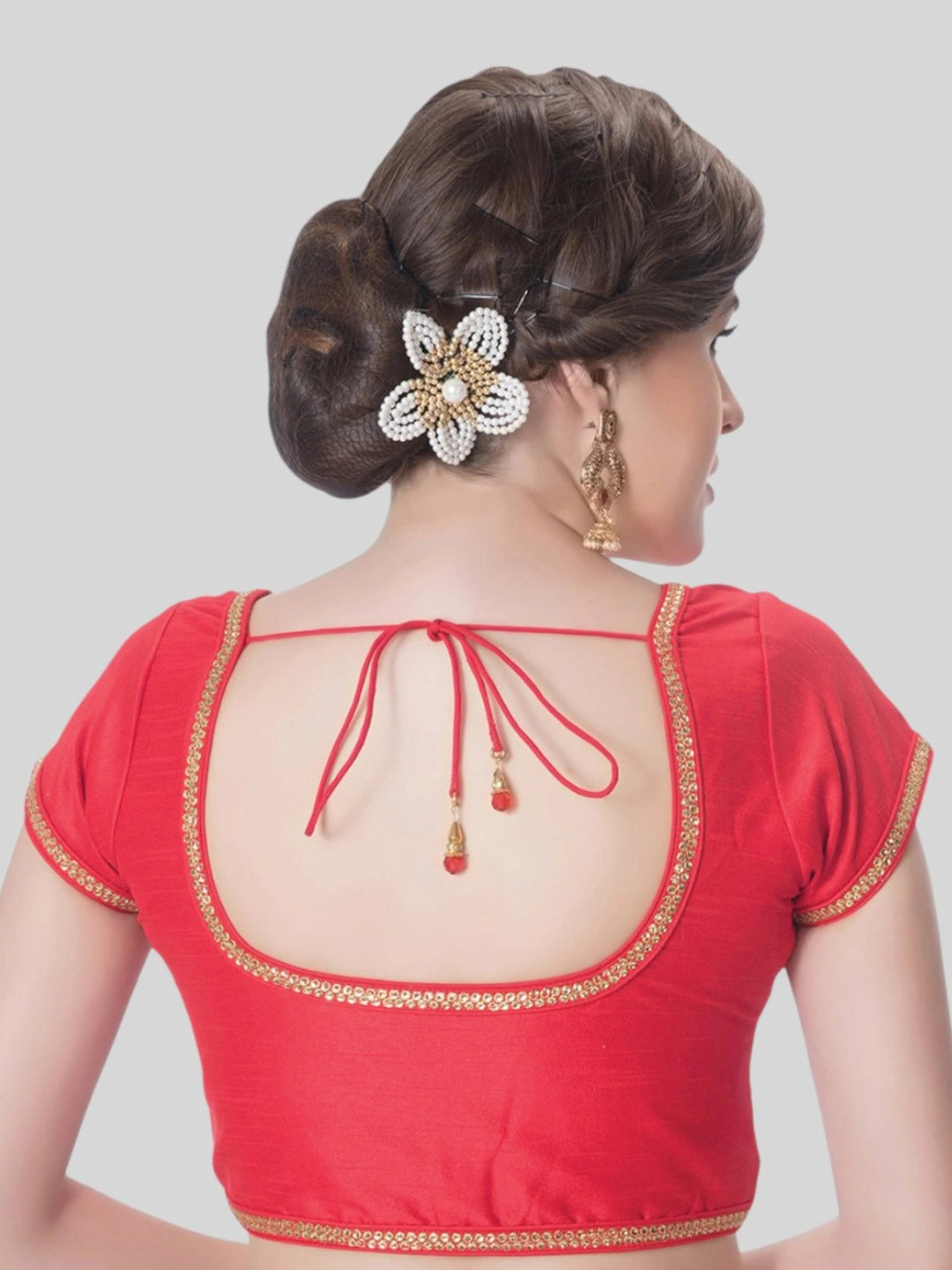 Red Silk Round Neck Short Sleeves Readymade Blouse