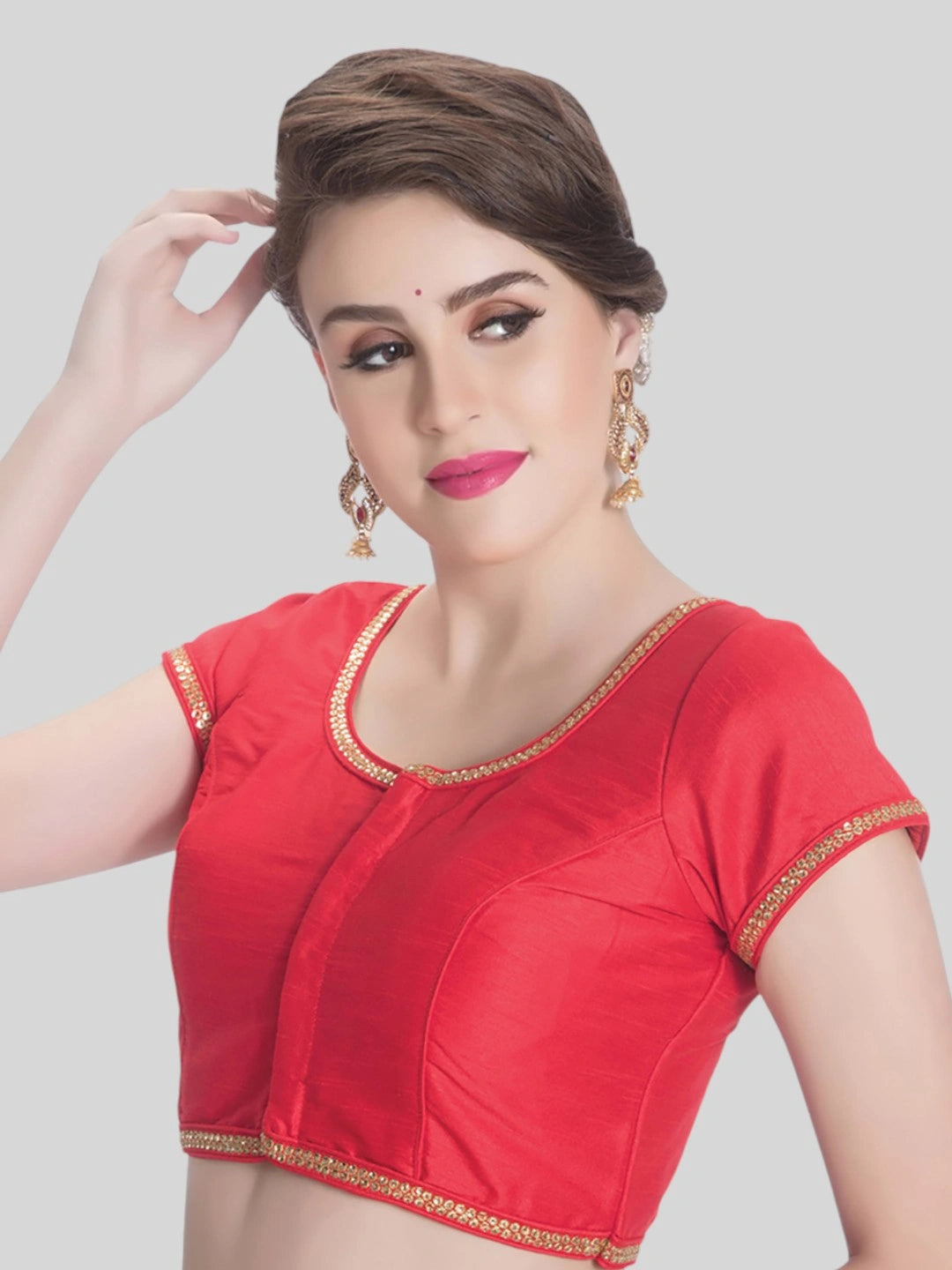 Red Silk Round Neck Short Sleeves Readymade Blouse