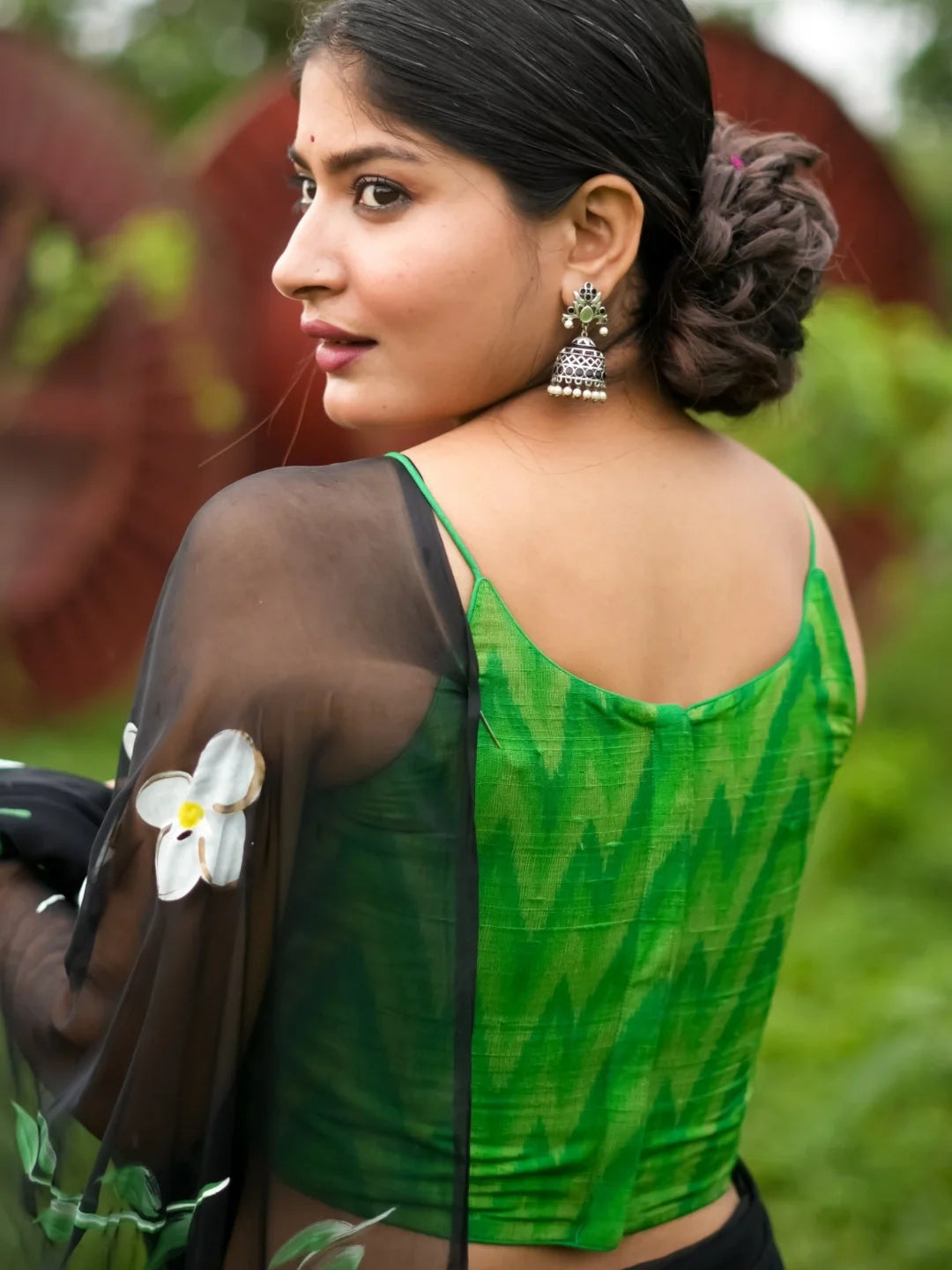 Green Ikkat Print Round Neck Sleeveless Readymade Blouse