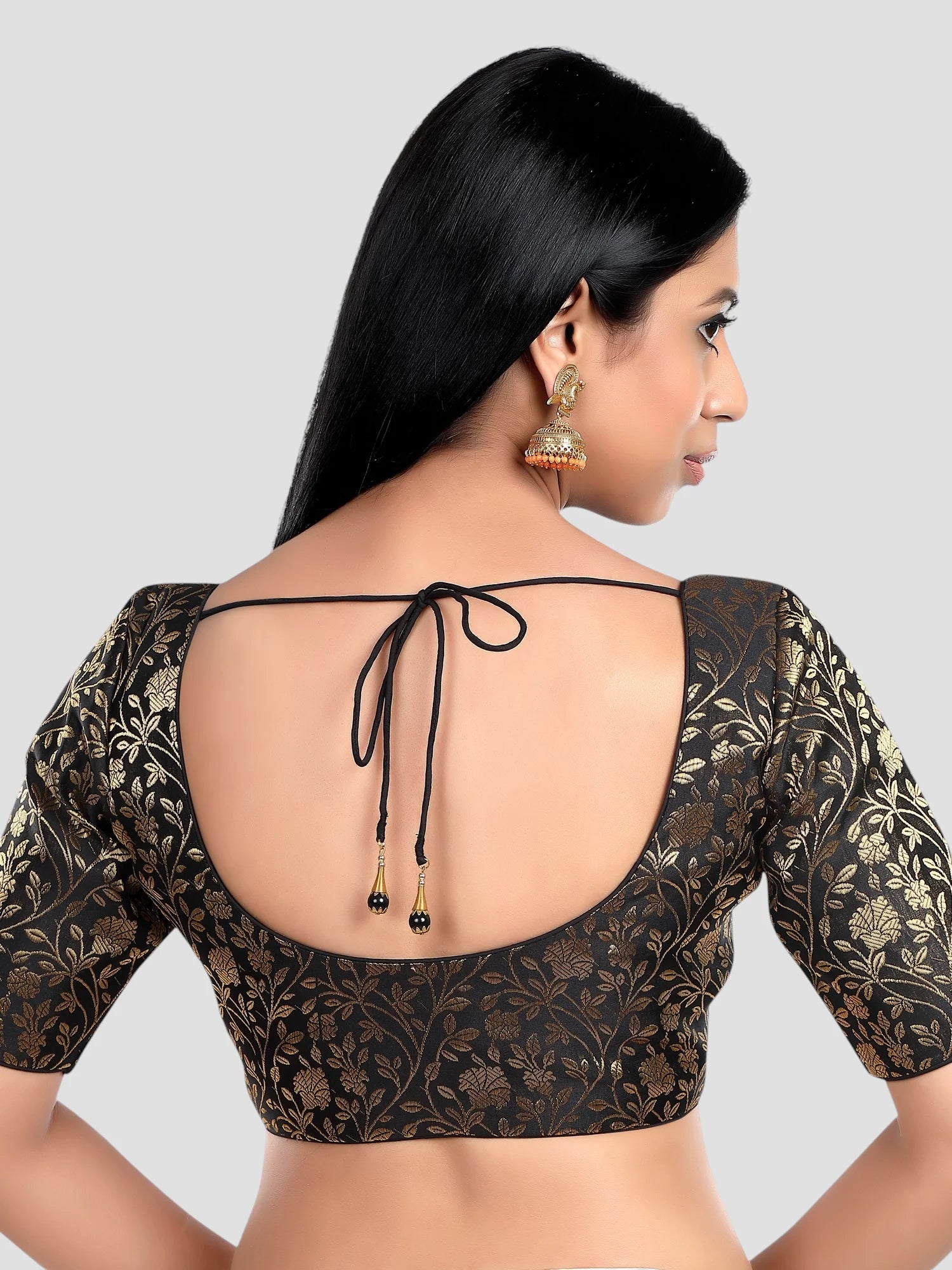 Black Floral Print Brocade U Neck Half Sleeves Readymade Blouse