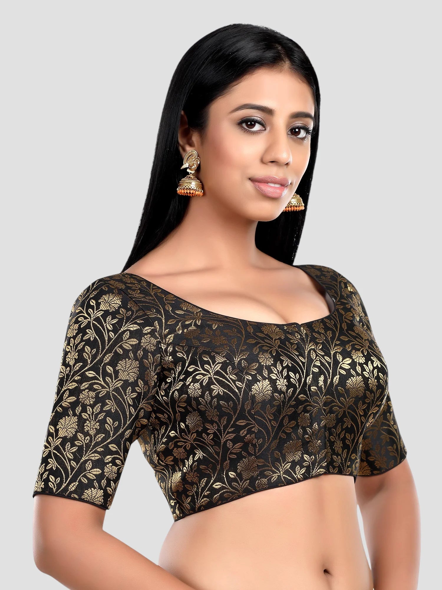 Black Floral Print Brocade U Neck Half Sleeves Readymade Blouse