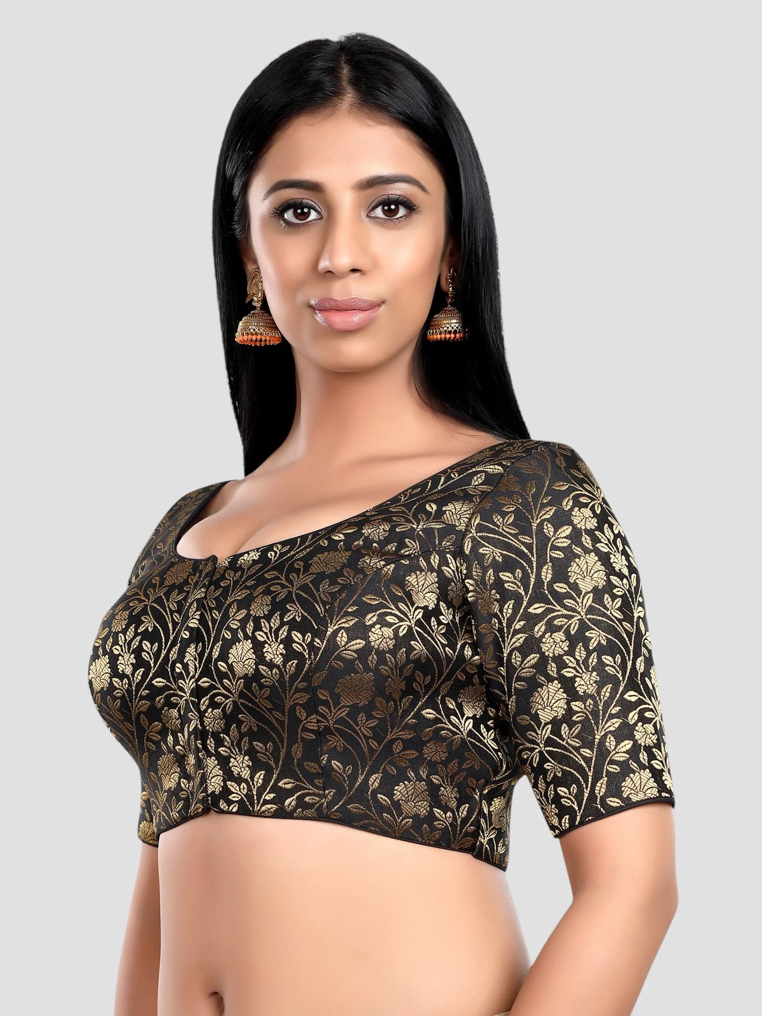 Black Floral Print Brocade U Neck Half Sleeves Readymade Blouse