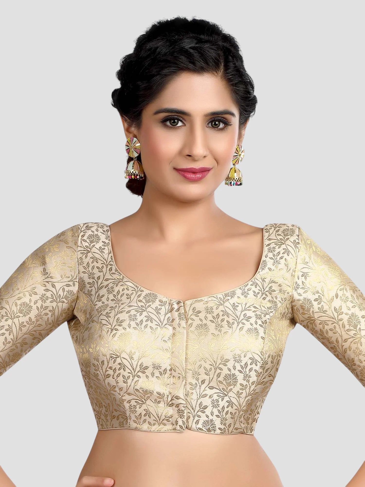 Cream Floral Print Brocade U Neck Half Sleeves Readymade Blouse