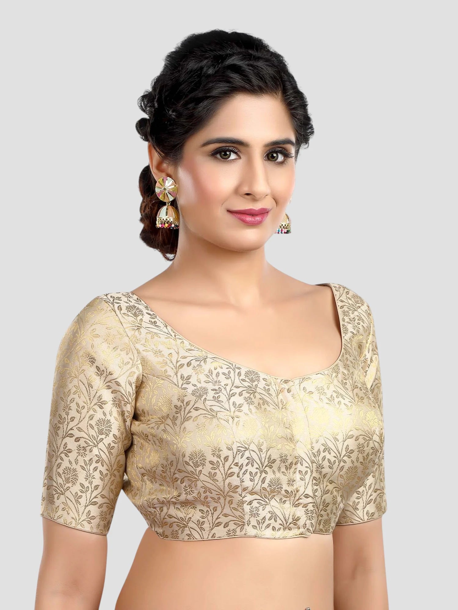 Cream Floral Print Brocade U Neck Half Sleeves Readymade Blouse