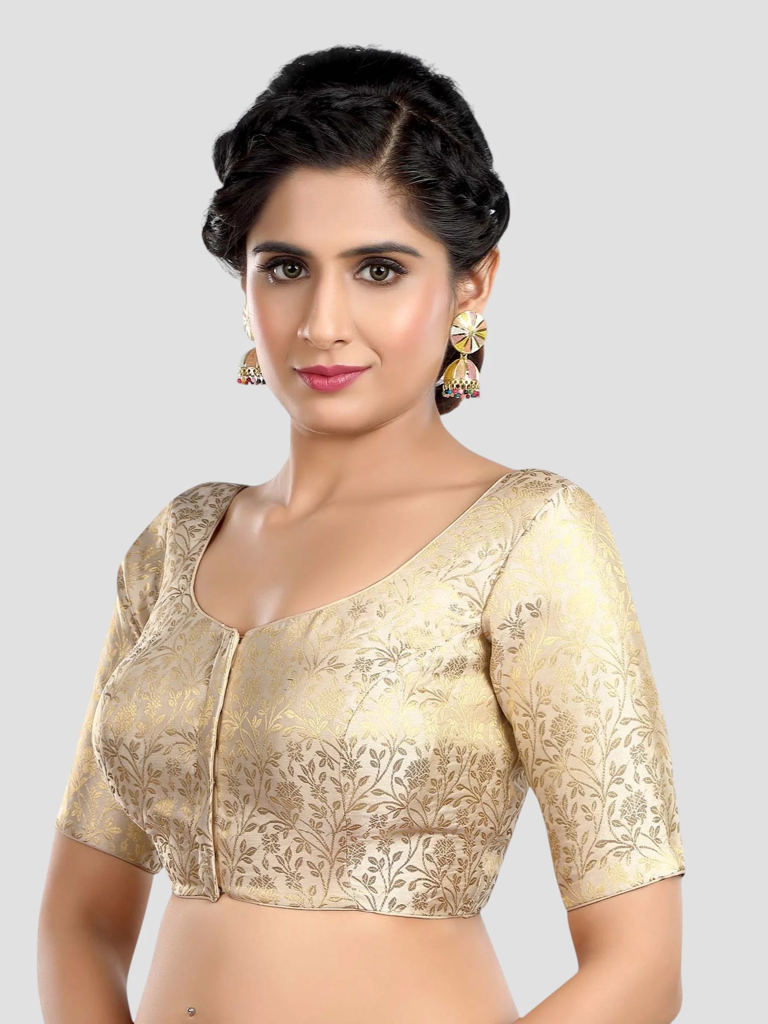 Cream Floral Print Brocade U Neck Half Sleeves Readymade Blouse