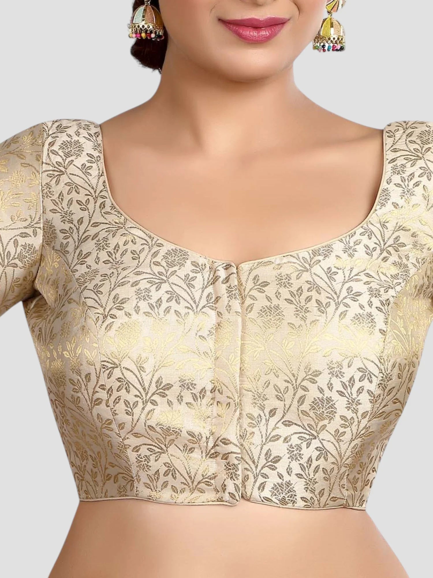 Cream Floral Print Brocade U Neck Half Sleeves Readymade Blouse