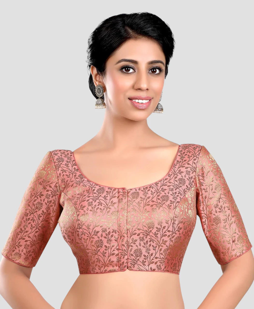 Peach Floral Print Brocade U Neck Half Sleeves Readymade Blouse