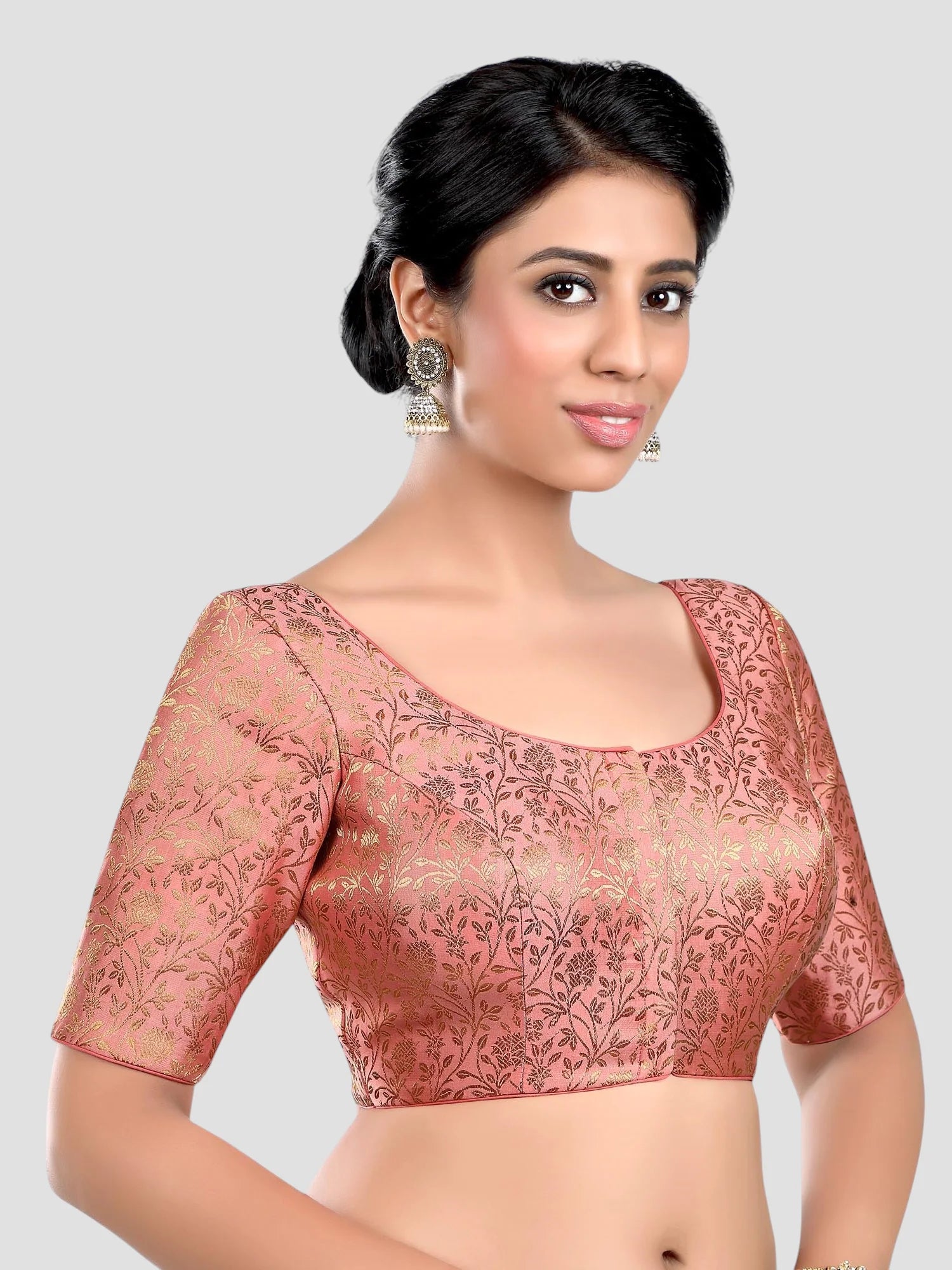 Peach Floral Print Brocade U Neck Half Sleeves Readymade Blouse