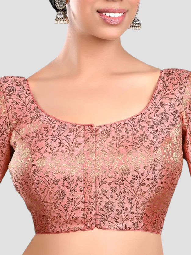 Peach Floral Print Brocade U Neck Half Sleeves Readymade Blouse
