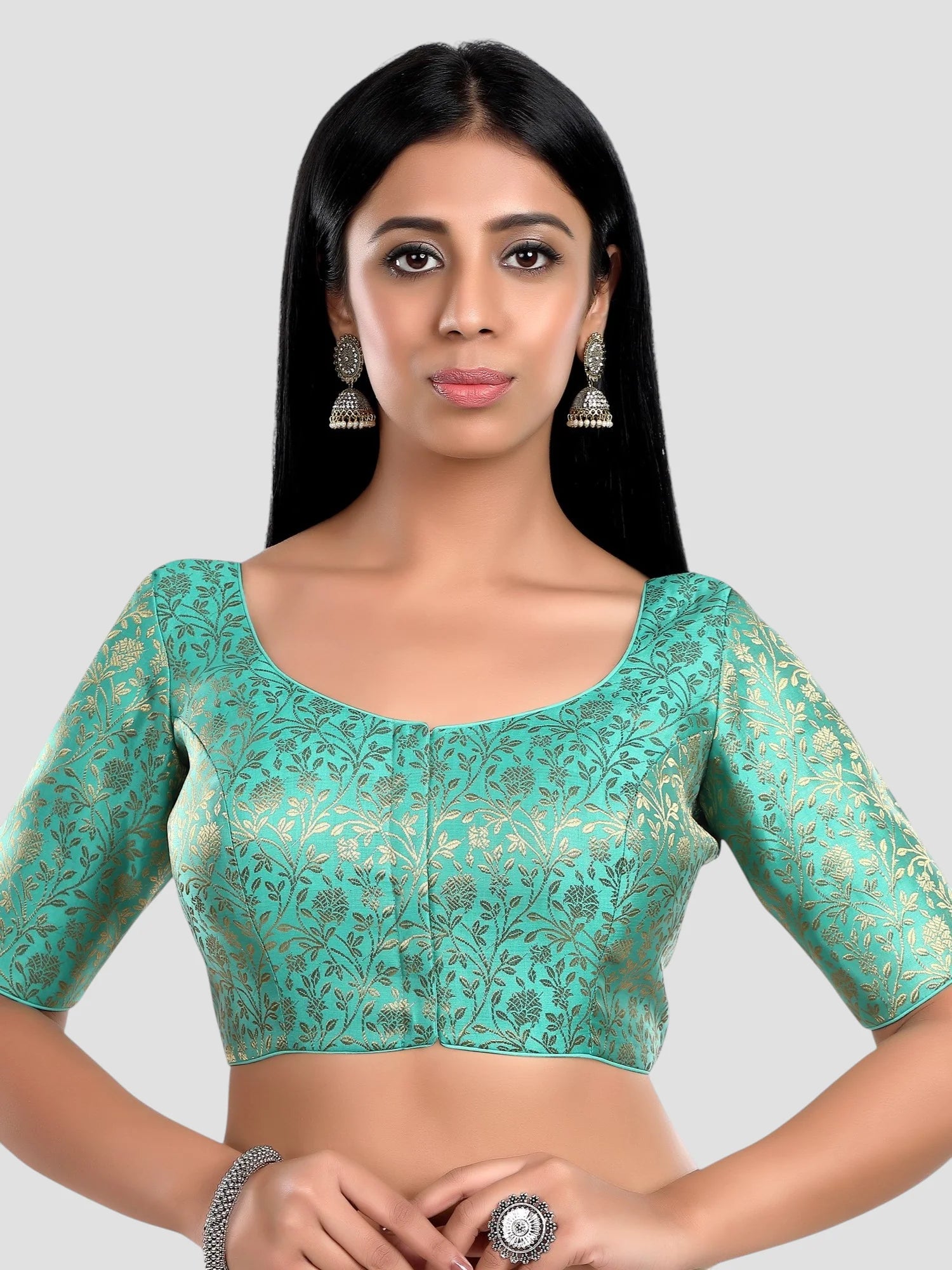 Pista Green Floral Print Brocade U Neck Half Sleeves Readymade Blouse