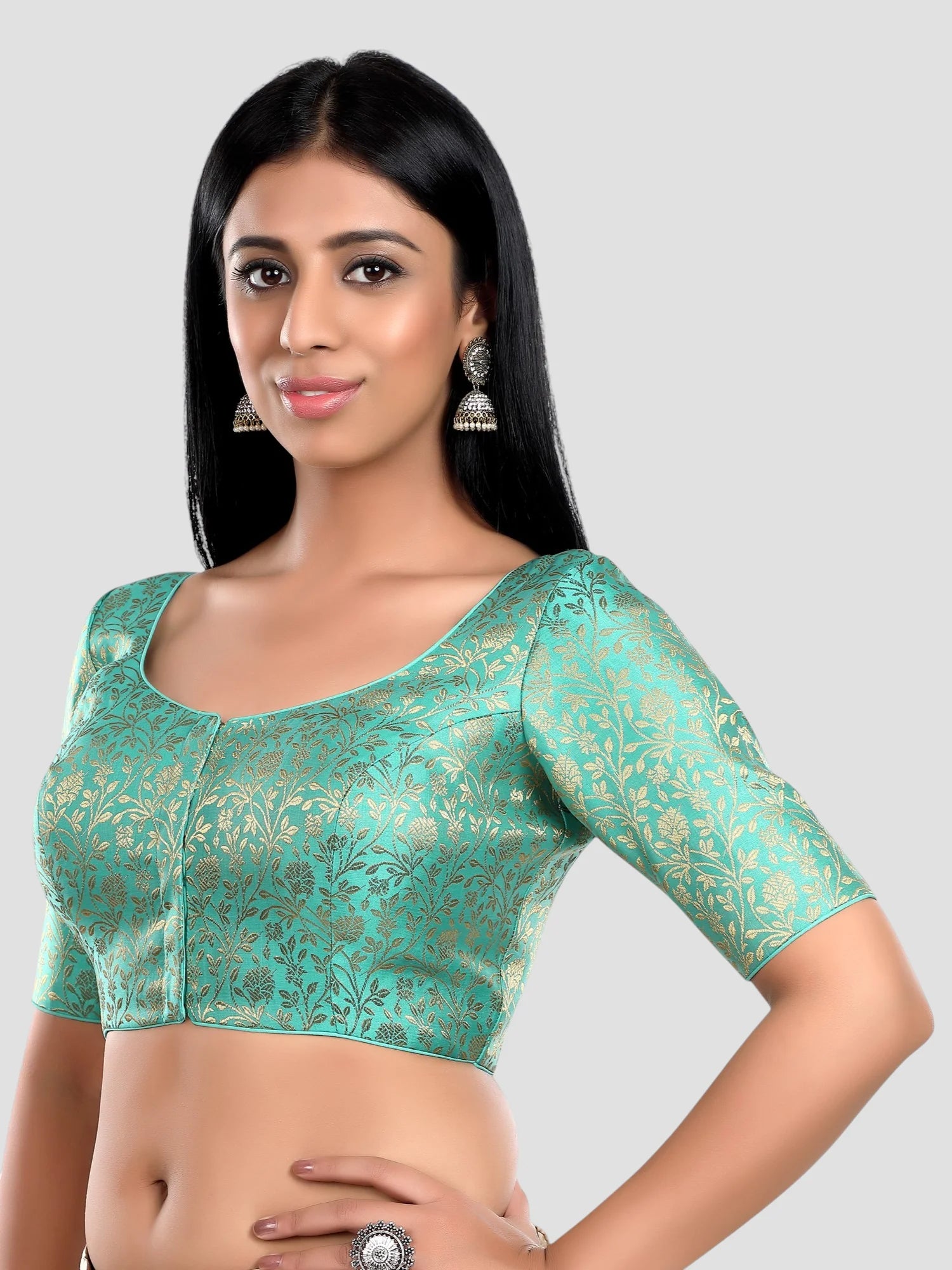 Pista Green Floral Print Brocade U Neck Half Sleeves Readymade Blouse