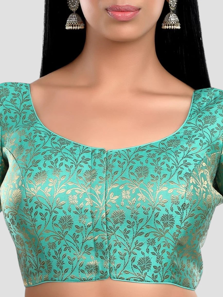 Pista Green Floral Print Brocade U Neck Half Sleeves Readymade Blouse