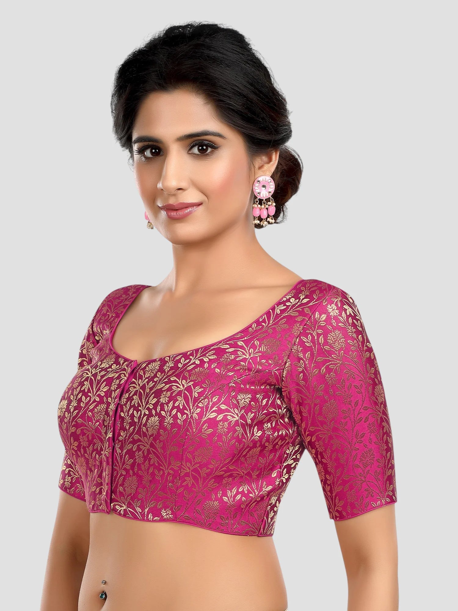 Purple Floral Print Brocade U Neck Half Sleeves Readymade Blouse