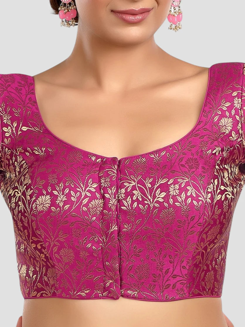 Purple Floral Print Brocade U Neck Half Sleeves Readymade Blouse