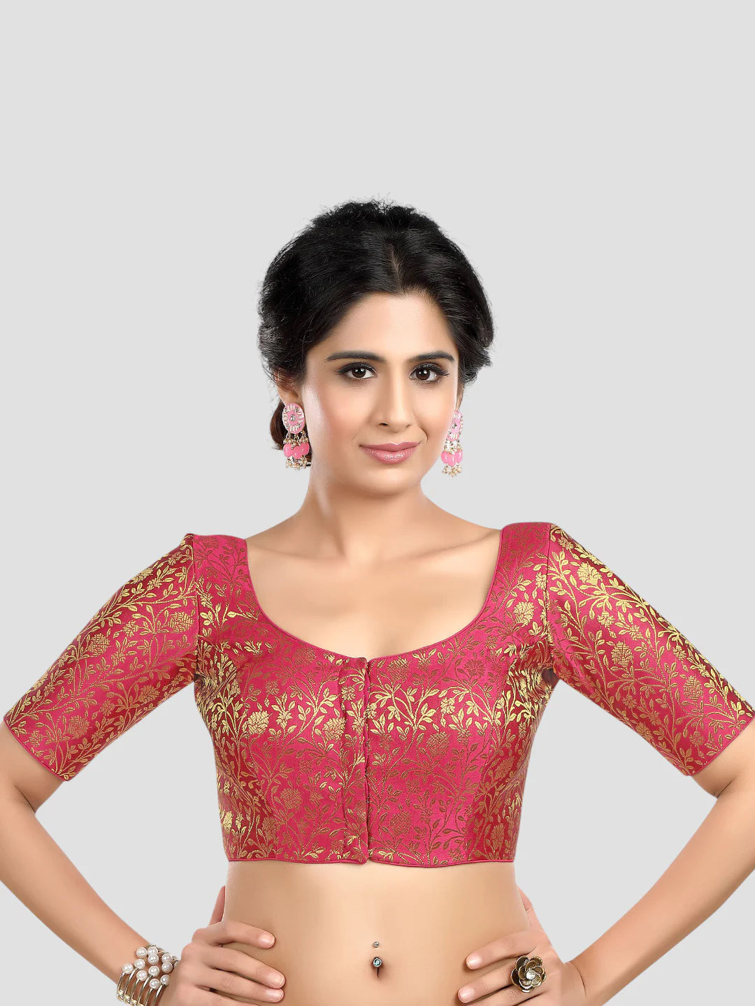 Rani Floral Print Brocade U Neck Half Sleeves Readymade Blouse