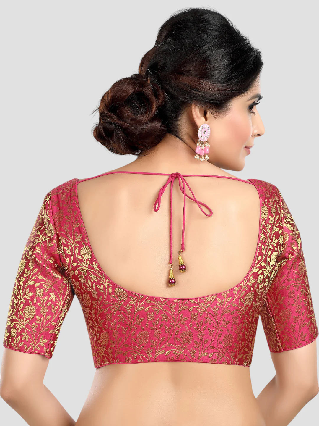 Rani Floral Print Brocade U Neck Half Sleeves Readymade Blouse