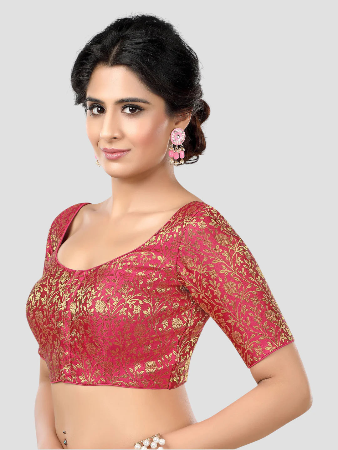 Rani Floral Print Brocade U Neck Half Sleeves Readymade Blouse