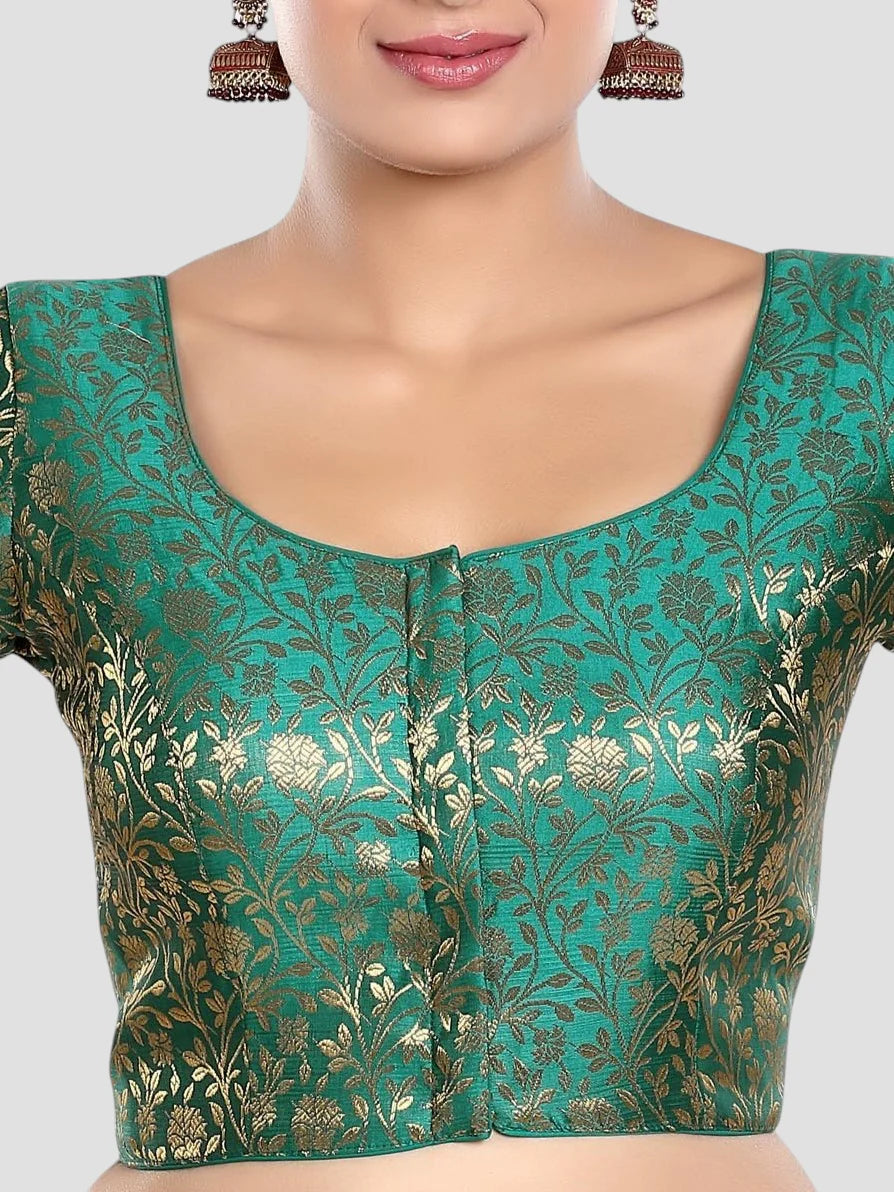 Rama Green Floral Print Brocade U Neck Half Sleeves Readymade Blouse
