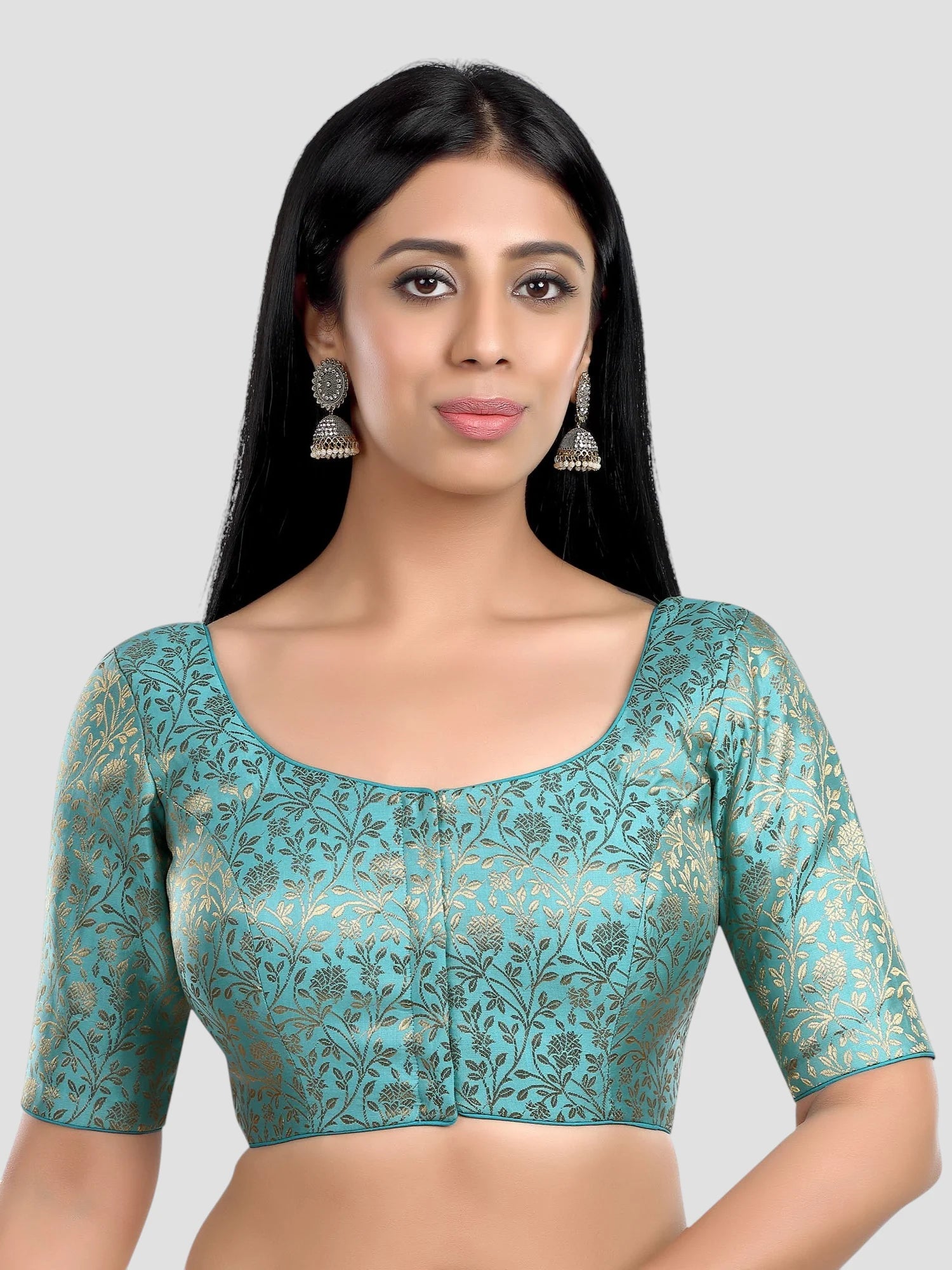 Sky Blue Floral Print Brocade U Neck Half Sleeves Readymade Blouse