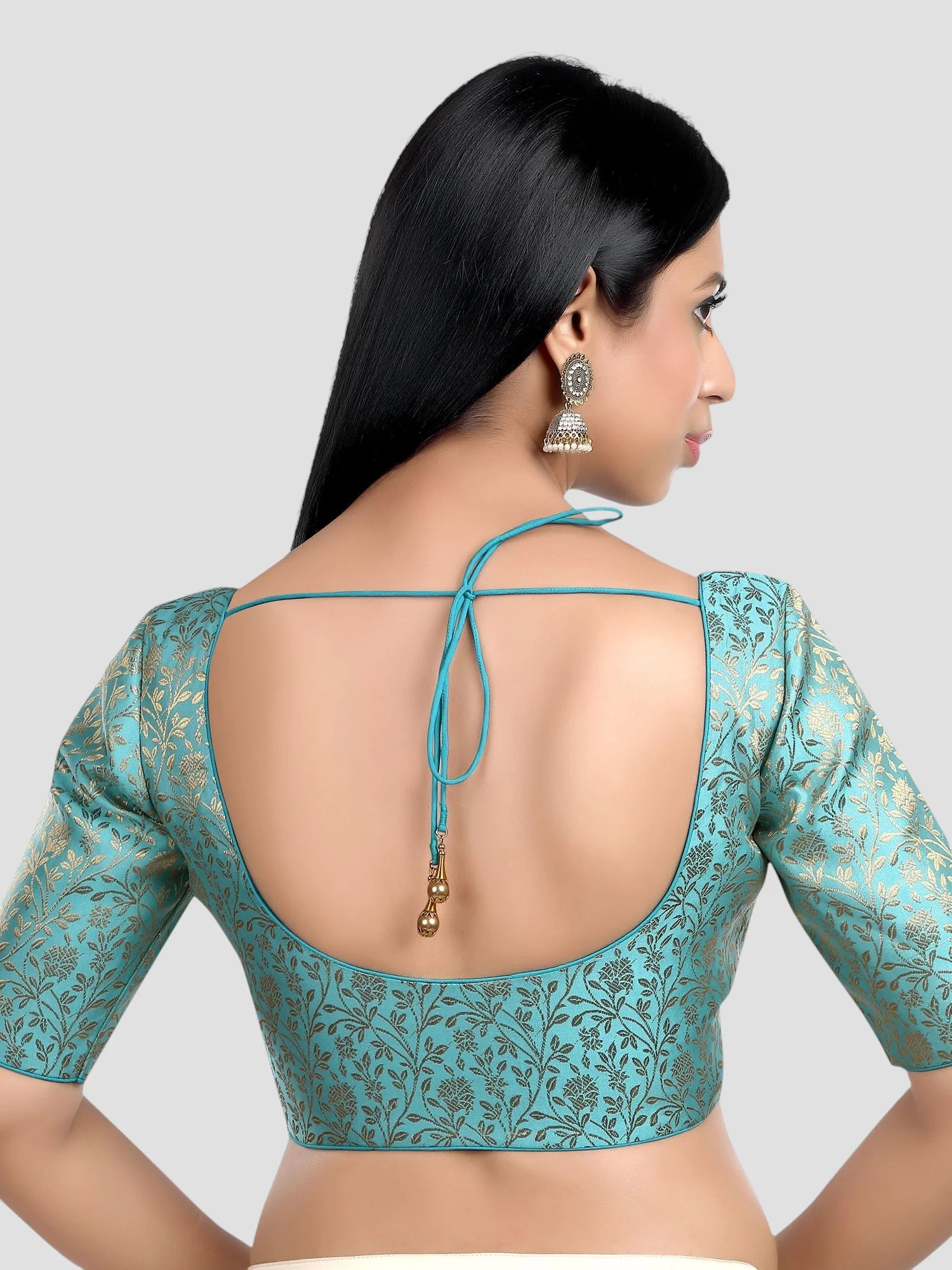 Sky Blue Floral Print Brocade U Neck Half Sleeves Readymade Blouse