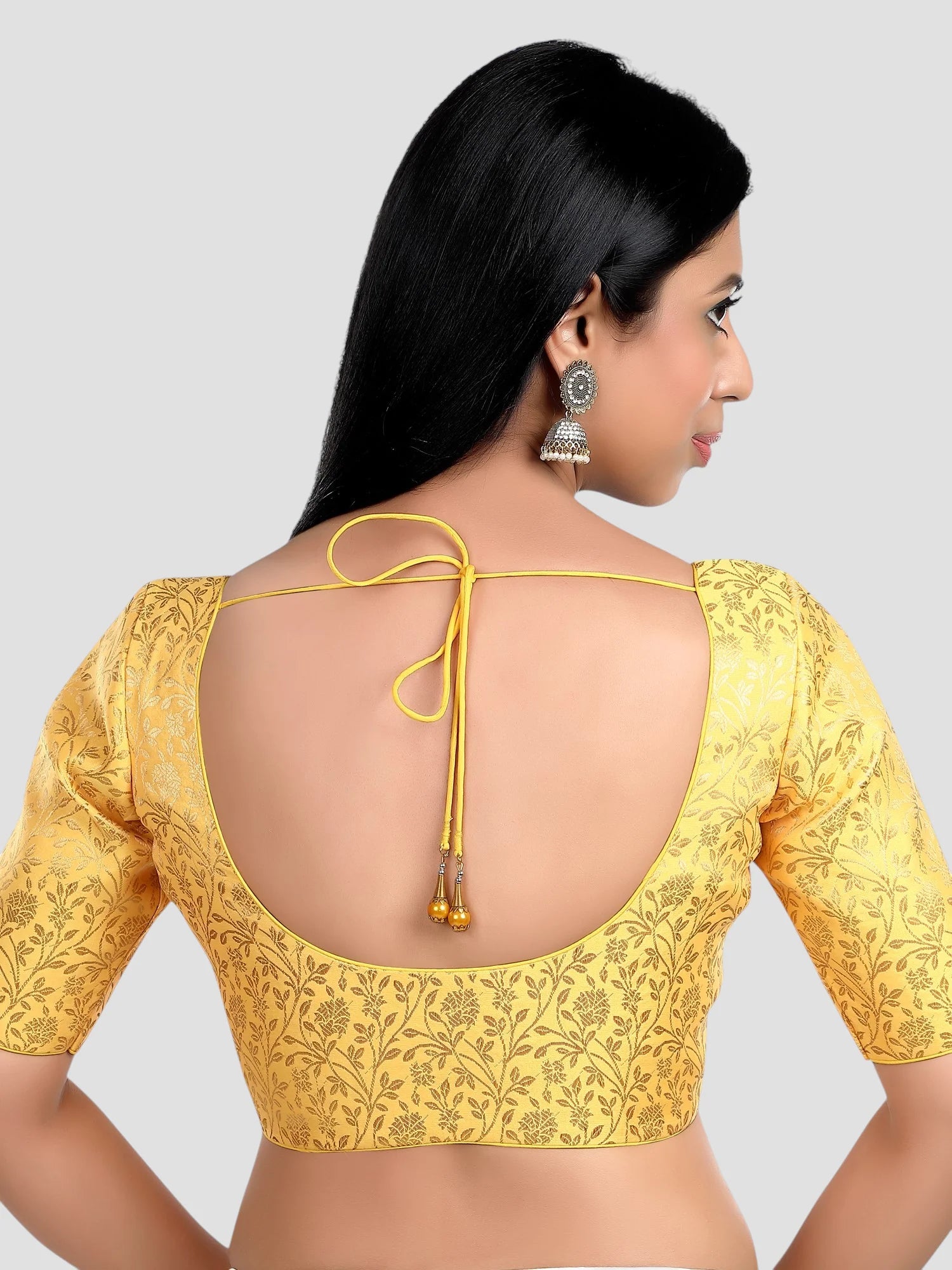 Yellow Brocade Floral Print U Neck Half Sleeves Readymade Blouse