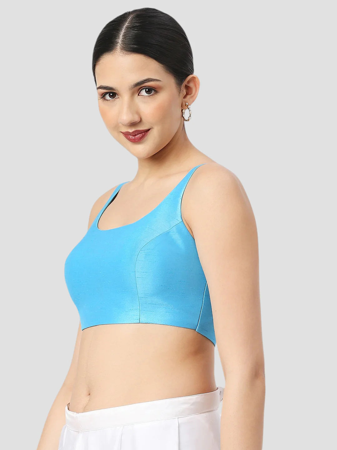 Sky Blue Silk Round Neck Sleeveless Readymade Blouse