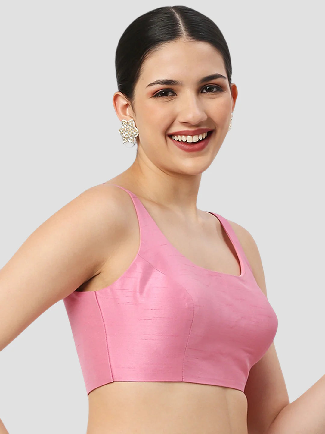 Pink Silk Round Neck Sleeveless Readymade Blouse