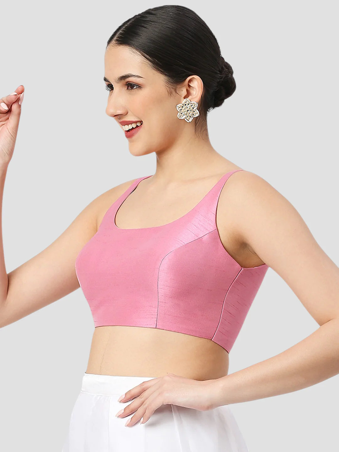 Pink Silk Round Neck Sleeveless Readymade Blouse