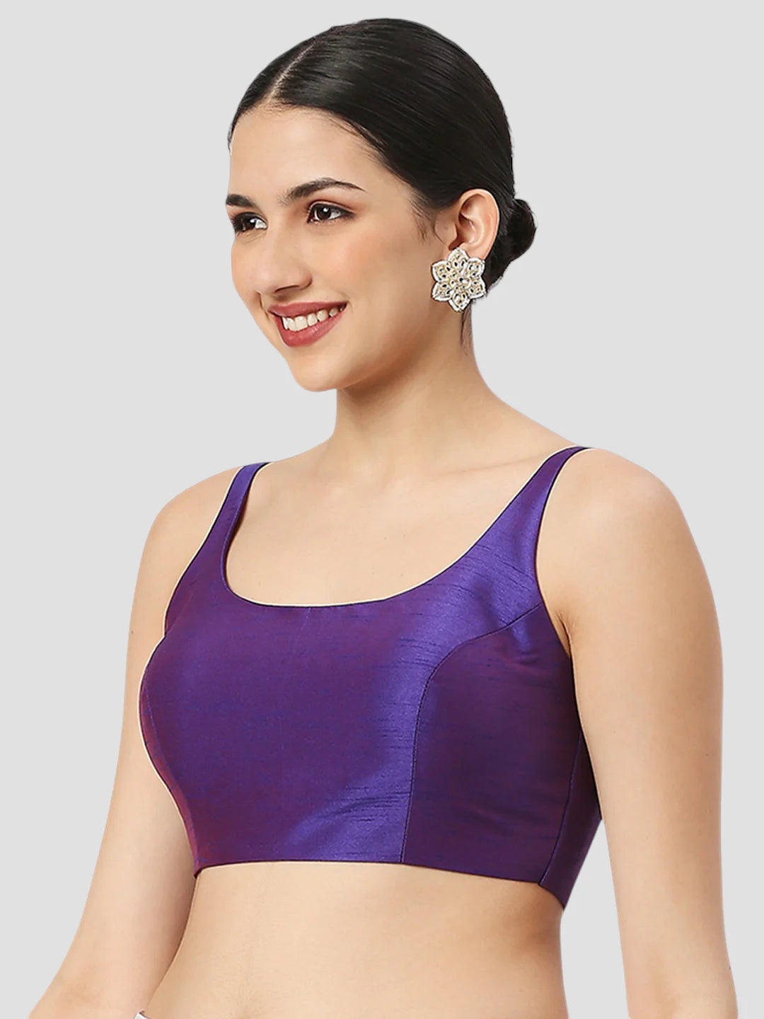 Purple Silk Round Neck Sleeveless Readymade Blouse