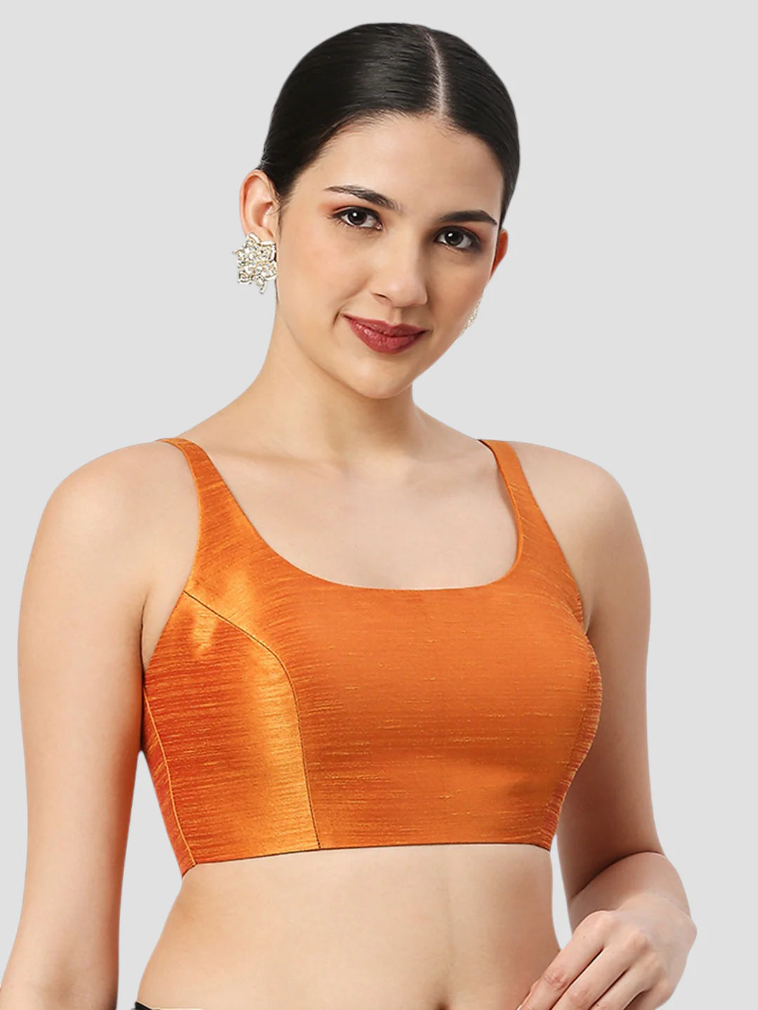 Orange Silk Round Neck Sleeveless Readymade Blouse