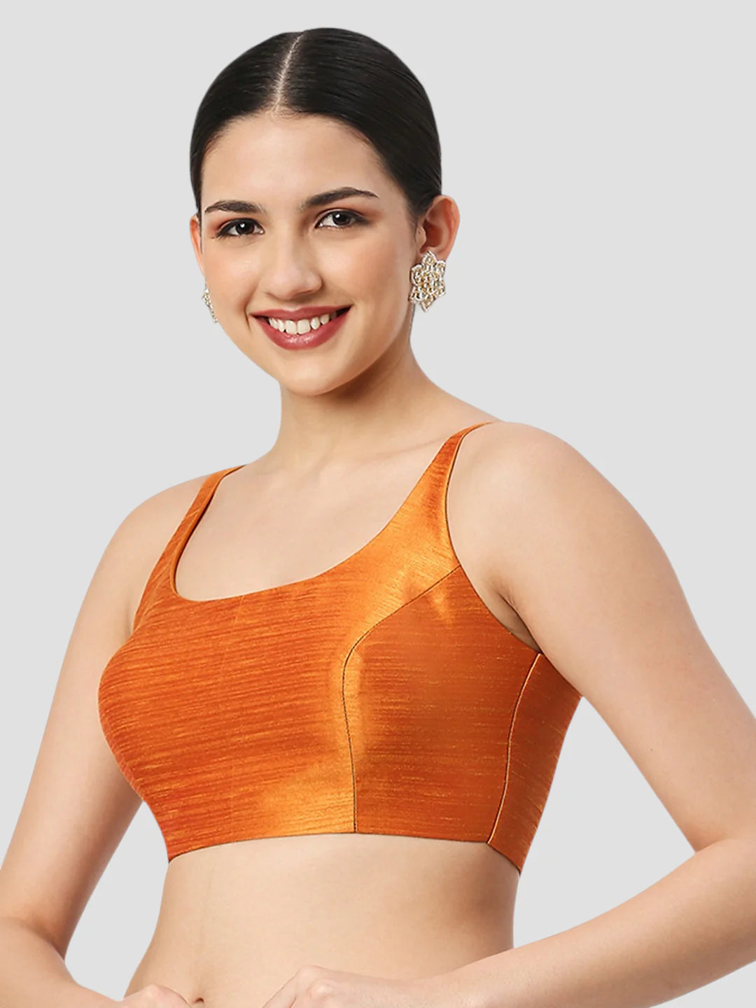 Orange Silk Round Neck Sleeveless Readymade Blouse