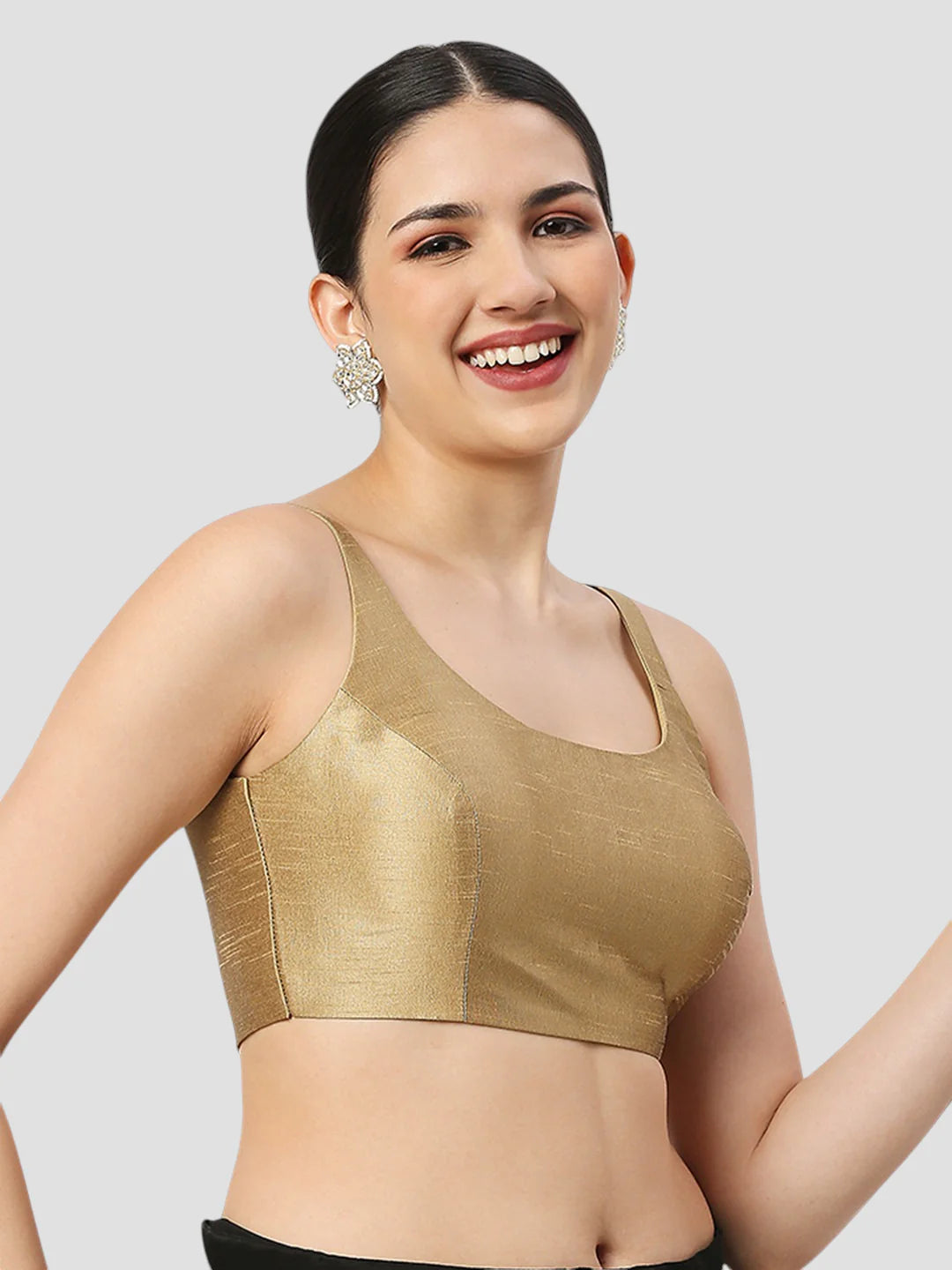 Dark Gold Silk Round Neck Sleeveless Readymade Blouse