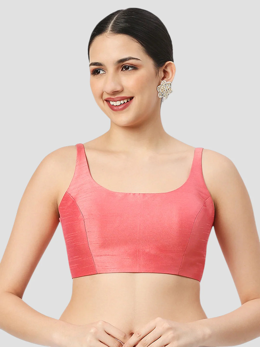 Peach Silk Round Neck Sleeveless Readymade Blouse