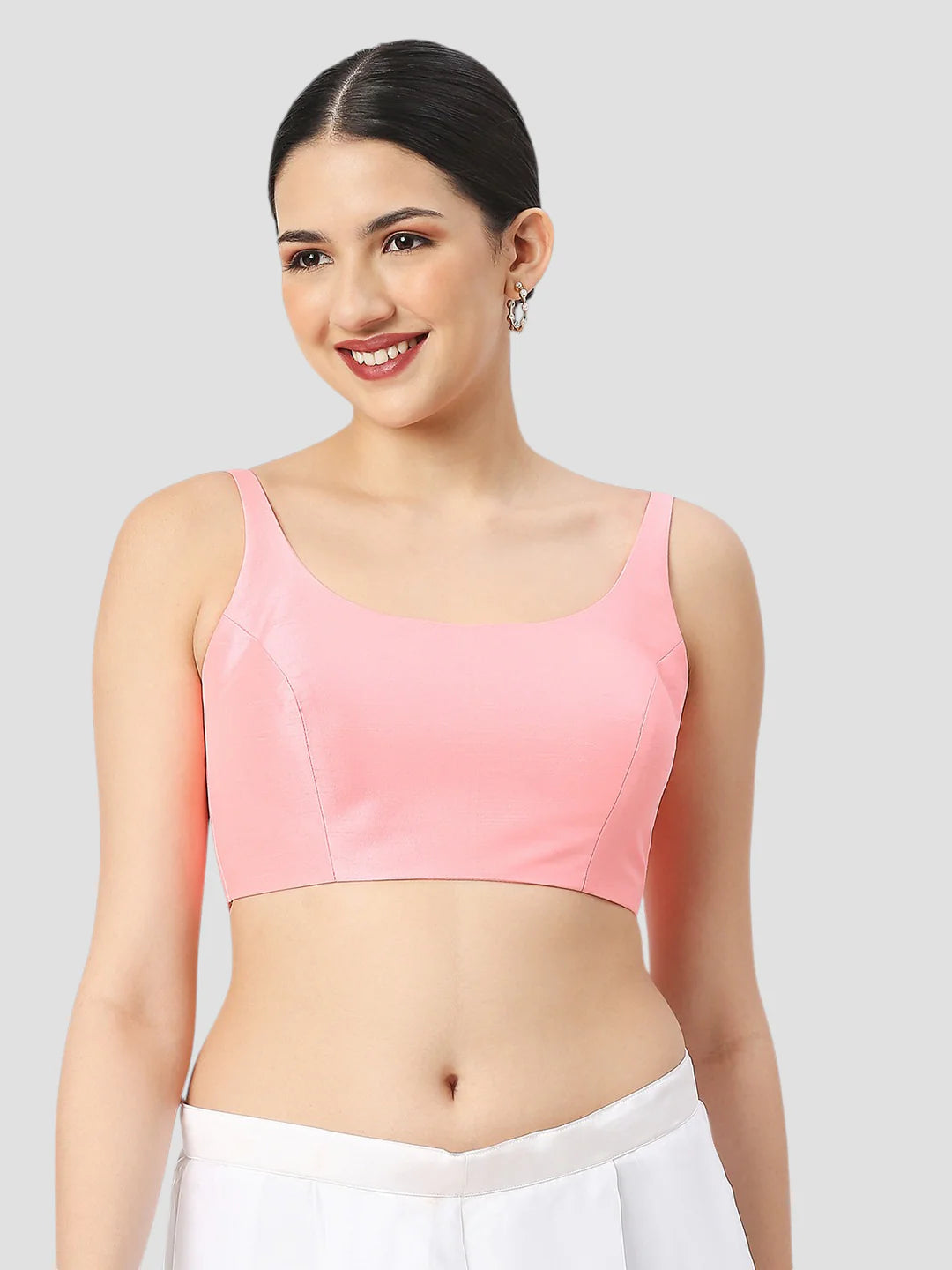 Baby Pink Silk Round Neck Sleeveless Readymade Blouse