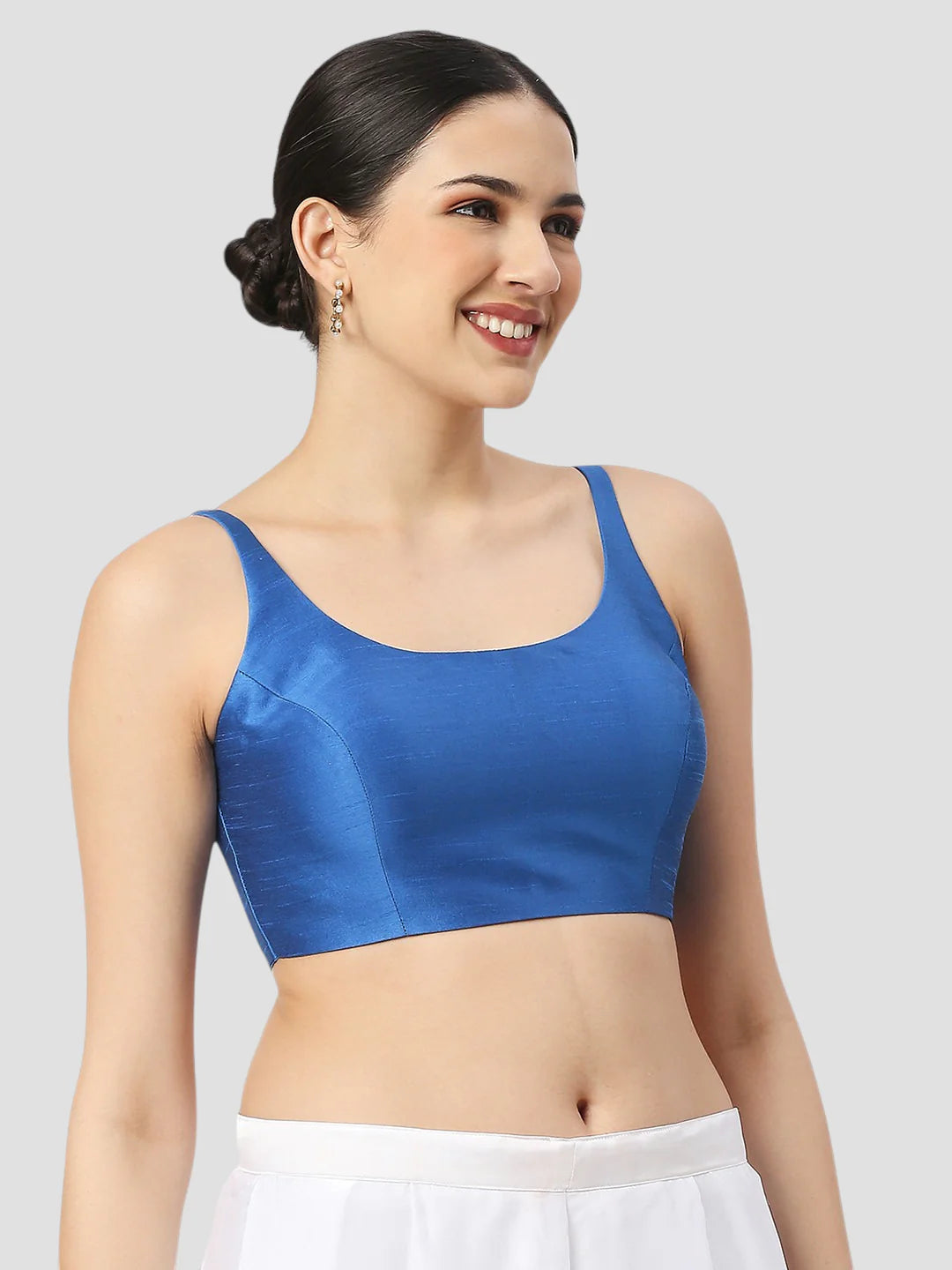 Bright Blue Silk Round Neck Sleeveless Readymade Blouse