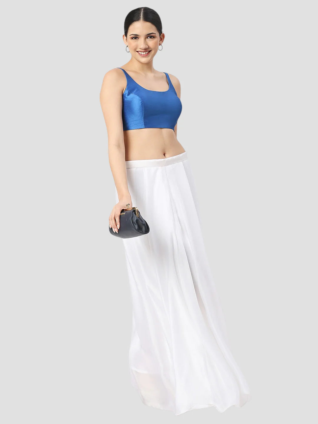 Bright Blue Silk Round Neck Sleeveless Readymade Blouse