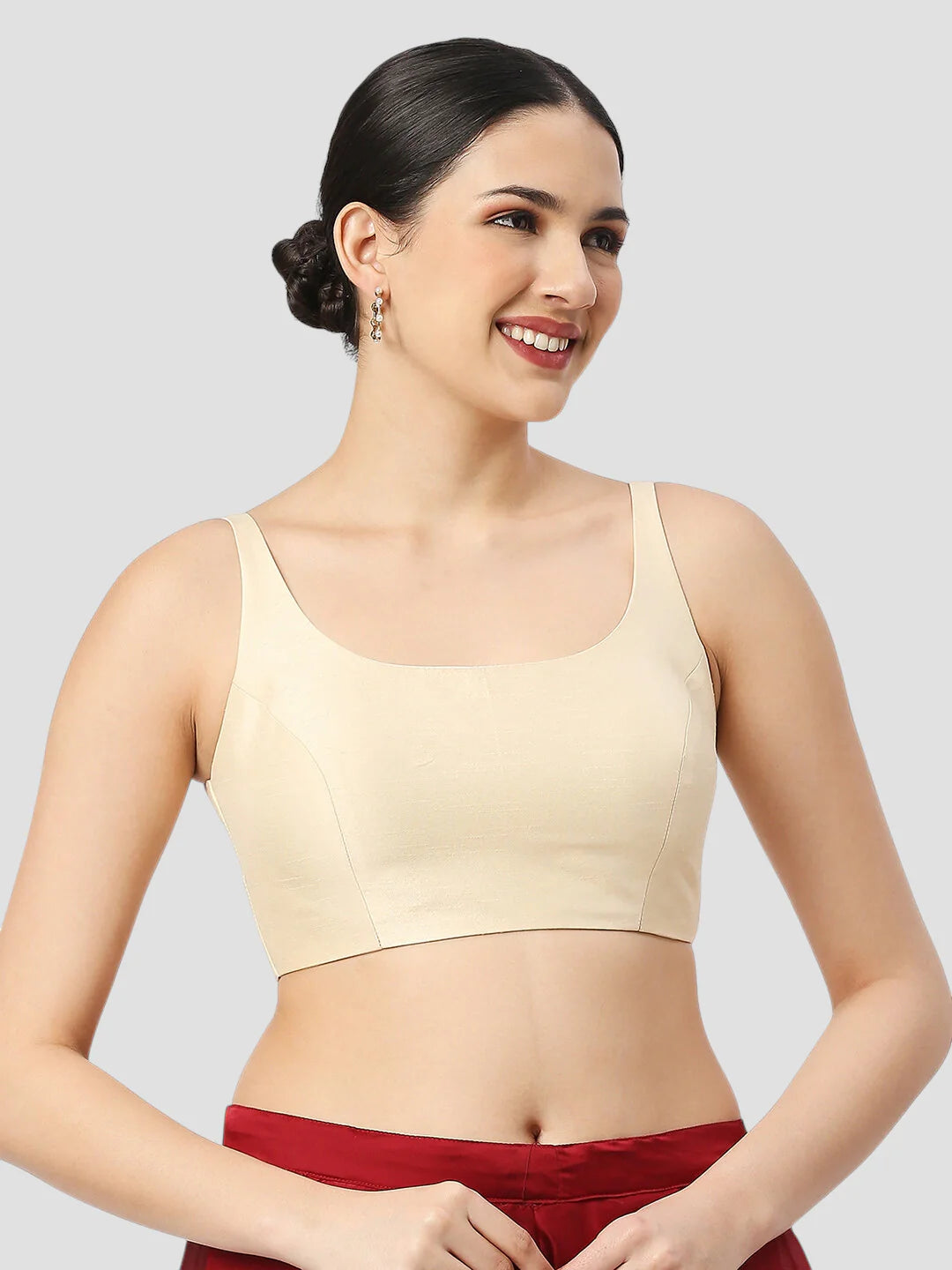 Cream Silk Round Neck Sleeveless Readymade Blouse