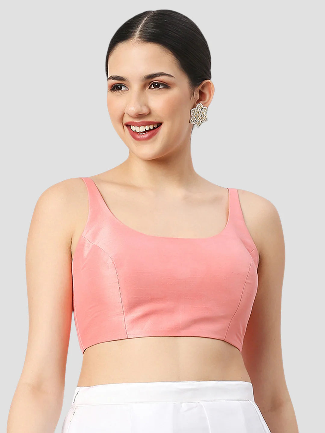 Light Peach Silk Round Neck Sleeveless Readymade Blouse