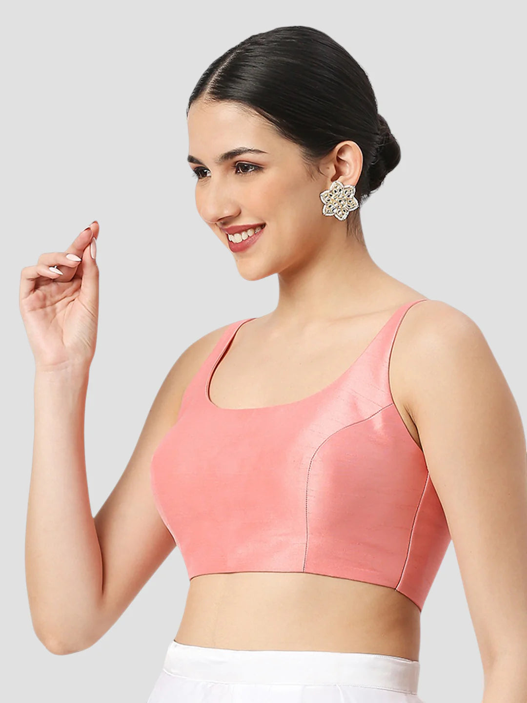 Light Peach Silk Round Neck Sleeveless Readymade Blouse