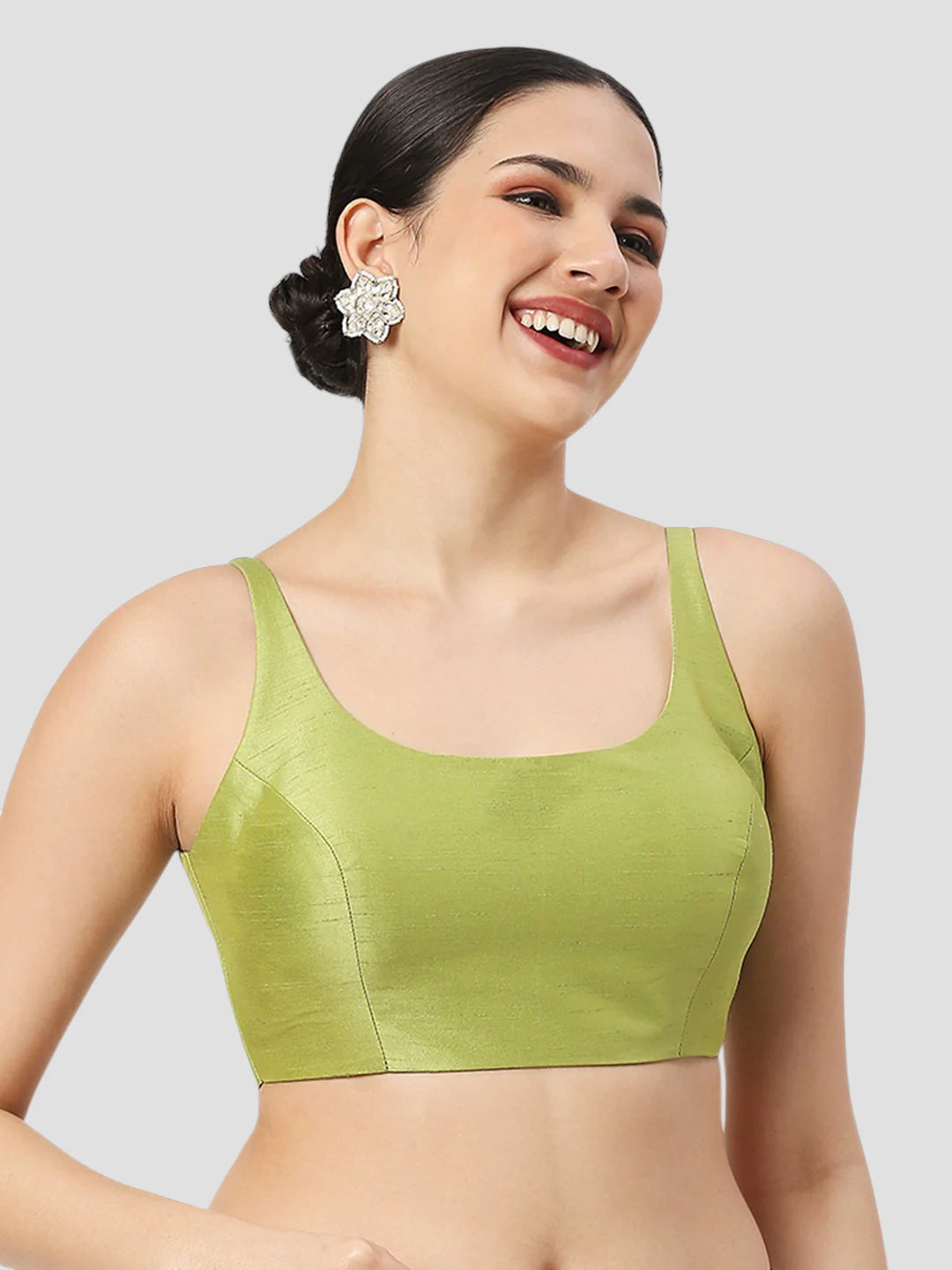 Sea Green Silk Round Neck Sleeveless Readymade Blouse