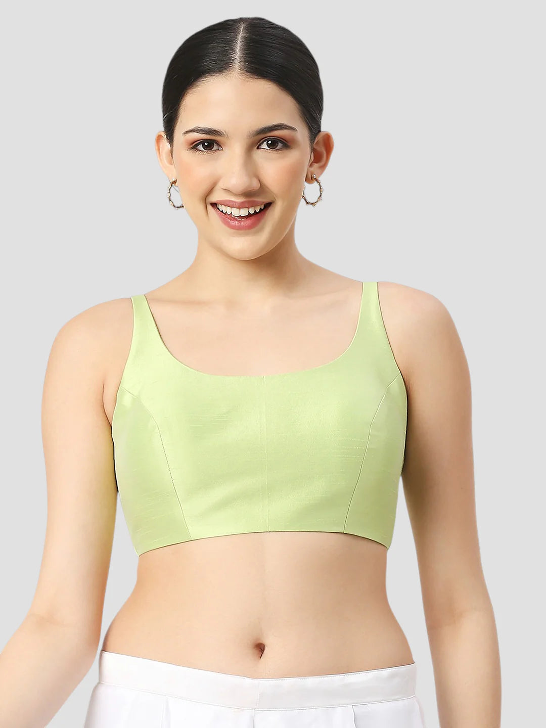 Pista Green Silk Round Neck Sleeveless Readymade Blouse