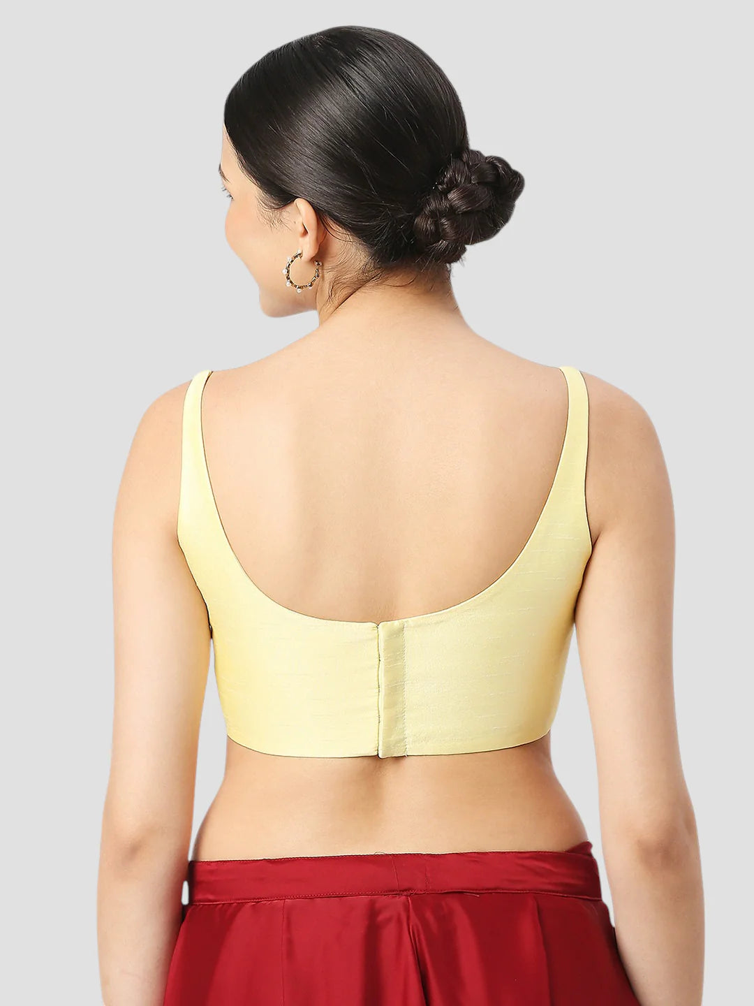 Lime Yellow Silk Round Neck Sleeveless Readymade Blouse