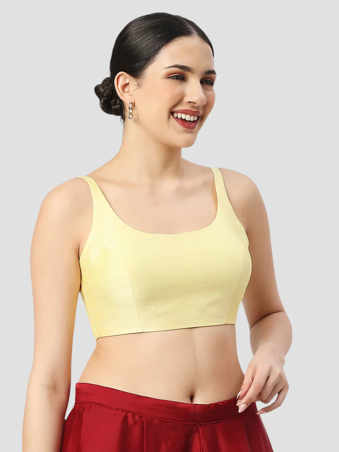 Lime Yellow Silk Round Neck Sleeveless Readymade Blouse