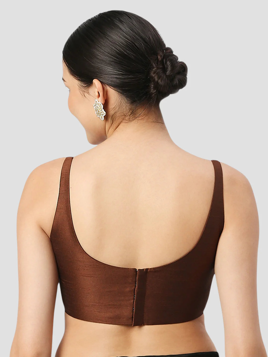 Brown Silk Round Neck Sleeveless Readymade Blouse