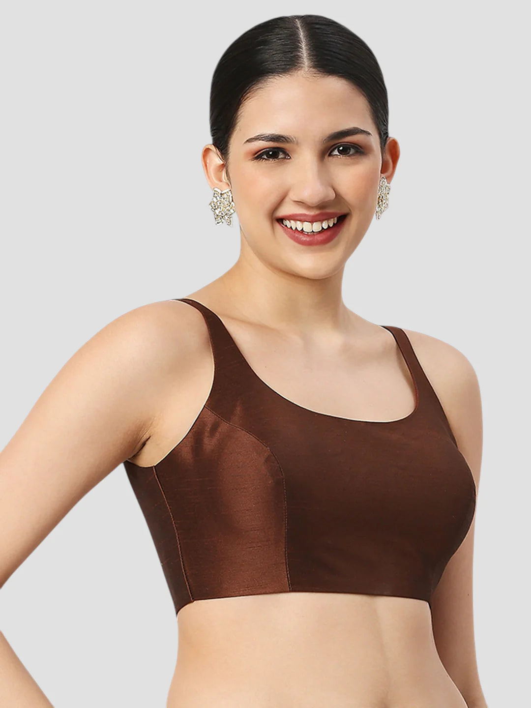 Brown Silk Round Neck Sleeveless Readymade Blouse