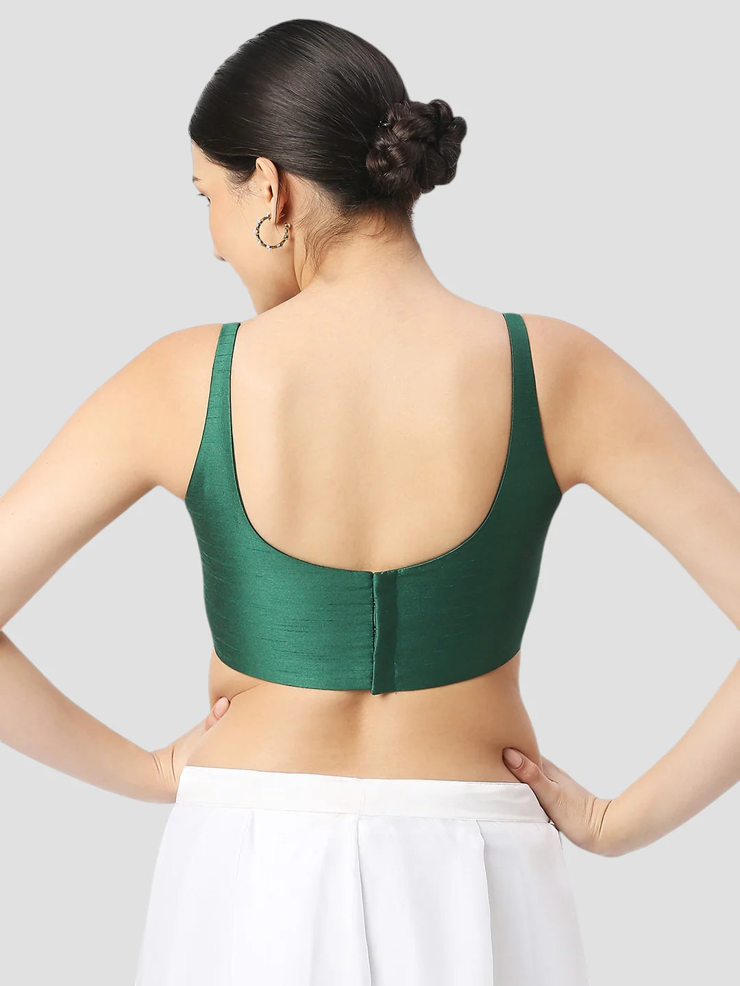 Dark Green Silk Round Neck Sleeveless Readymade Blouse