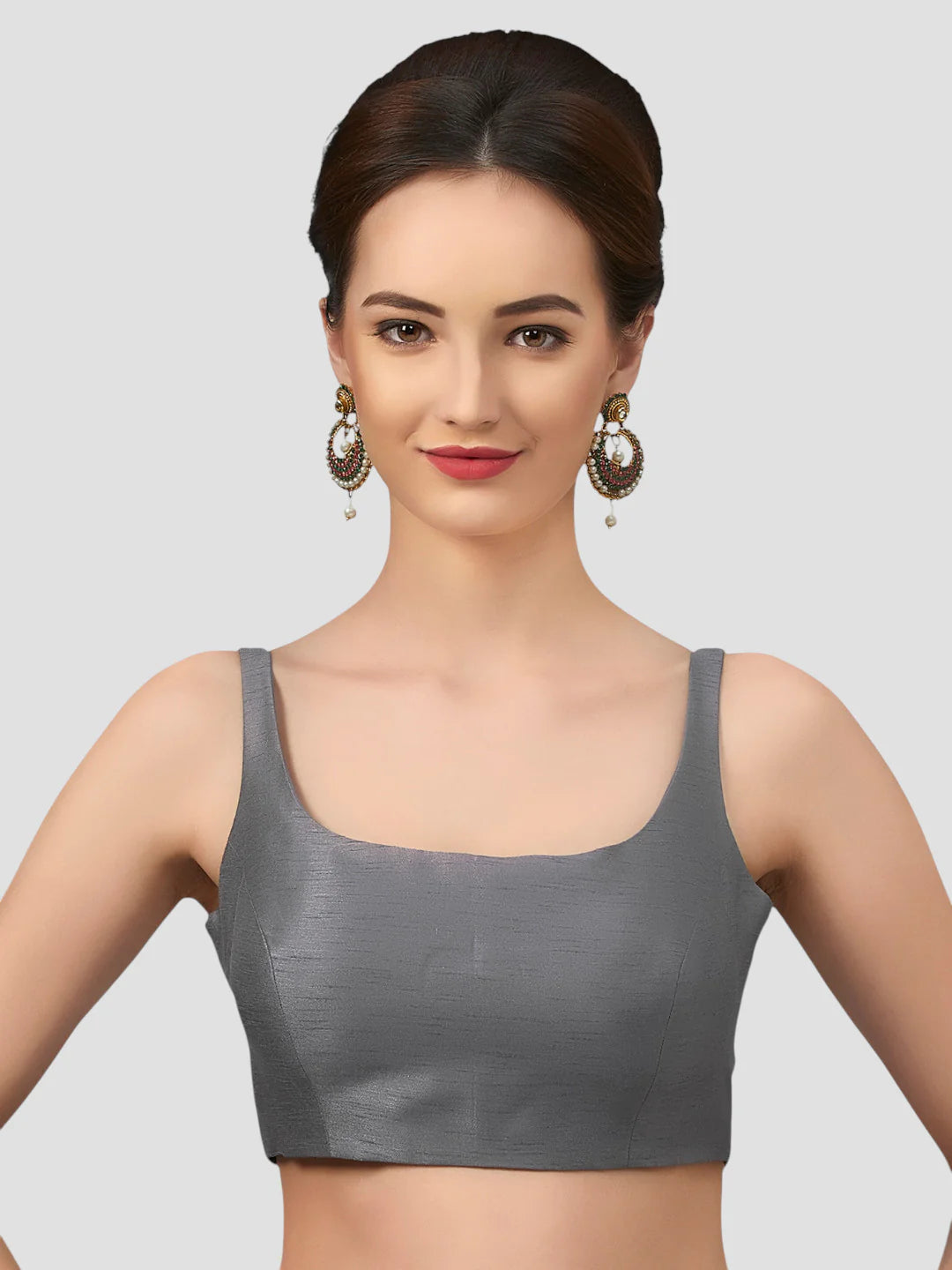 Grey Silk Round Neck Sleeveless Readymade Blouse