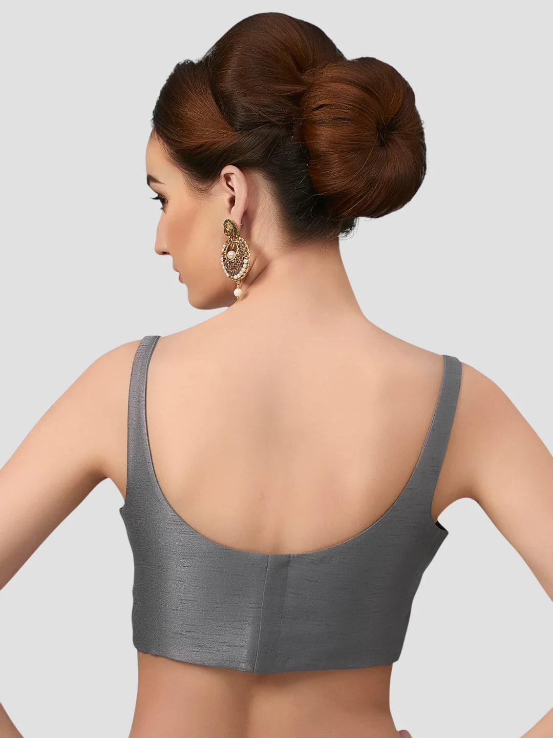 Grey Silk Round Neck Sleeveless Readymade Blouse