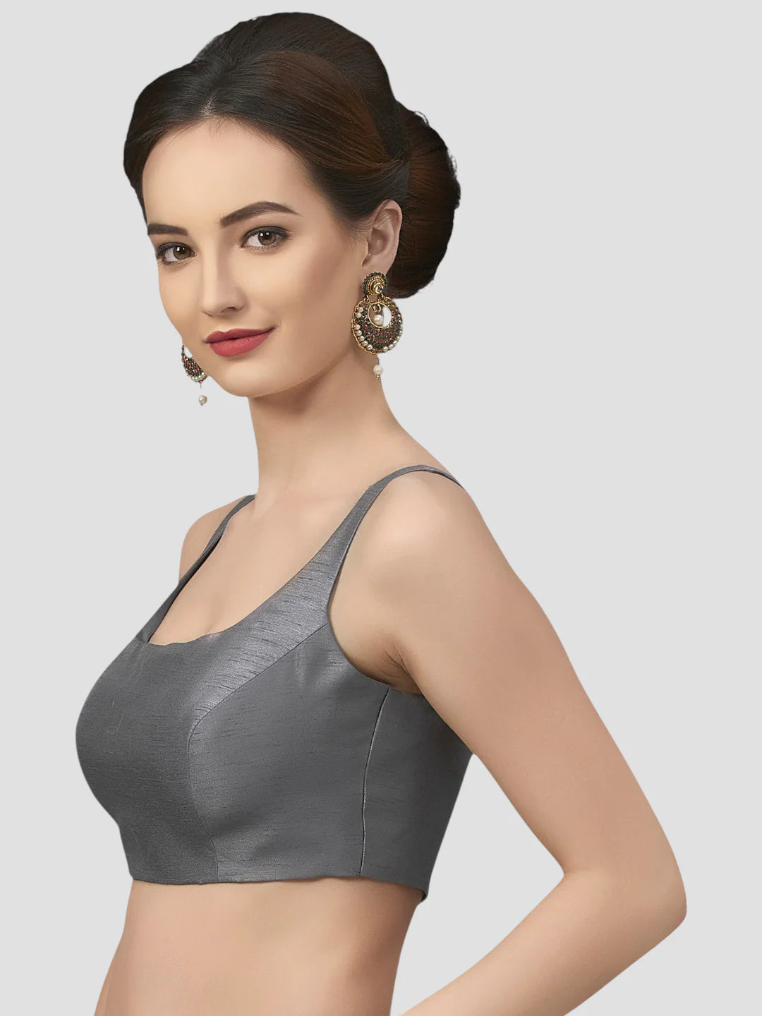 Grey Silk Round Neck Sleeveless Readymade Blouse