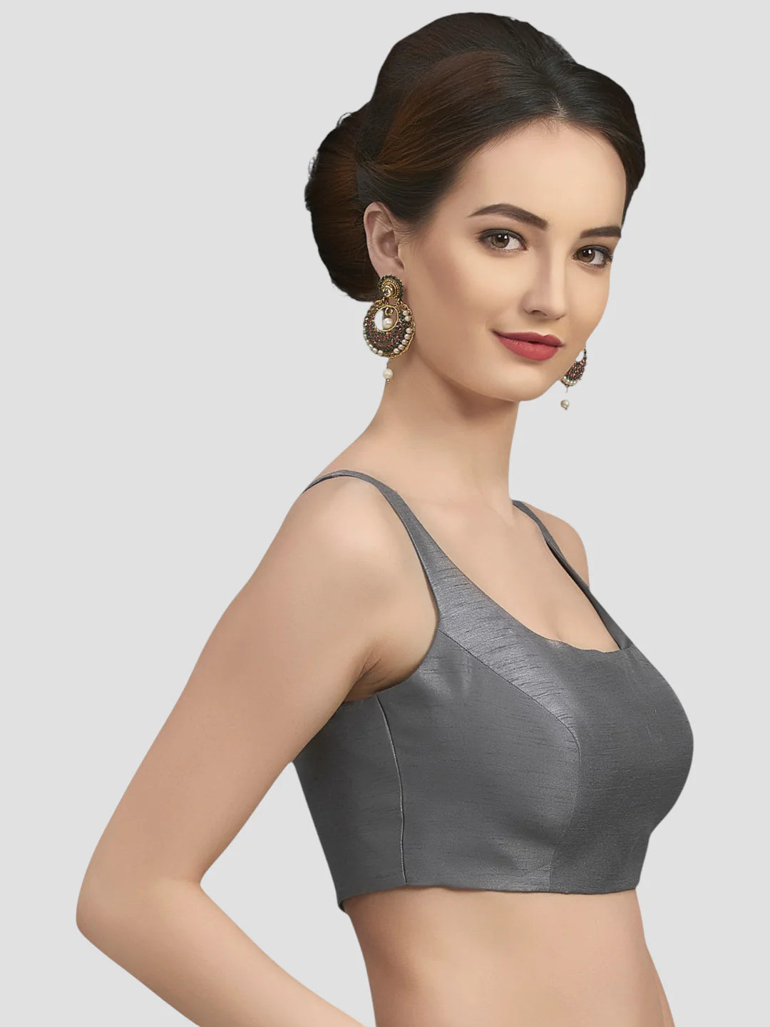 Grey Silk Round Neck Sleeveless Readymade Blouse